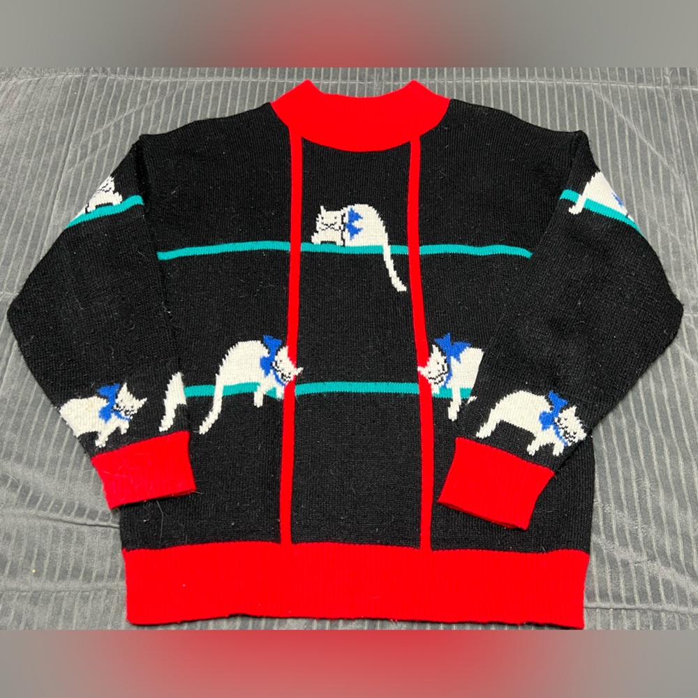 SPUNKY 80's Vintage Novelty Christmas Cat Lady Chunky Sweater